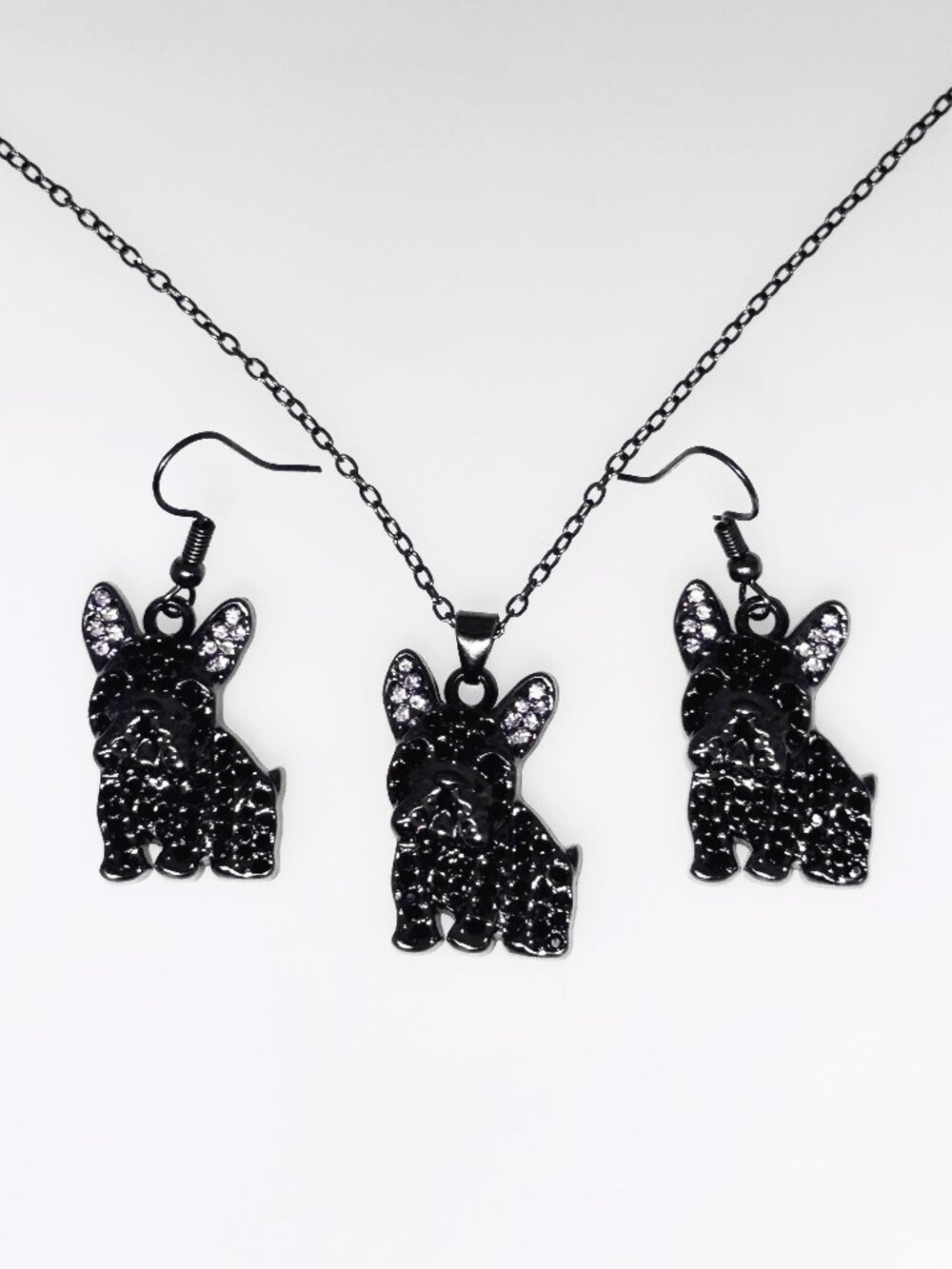 Black French Bulldog necklace, earring set, rhinestones, NWOT